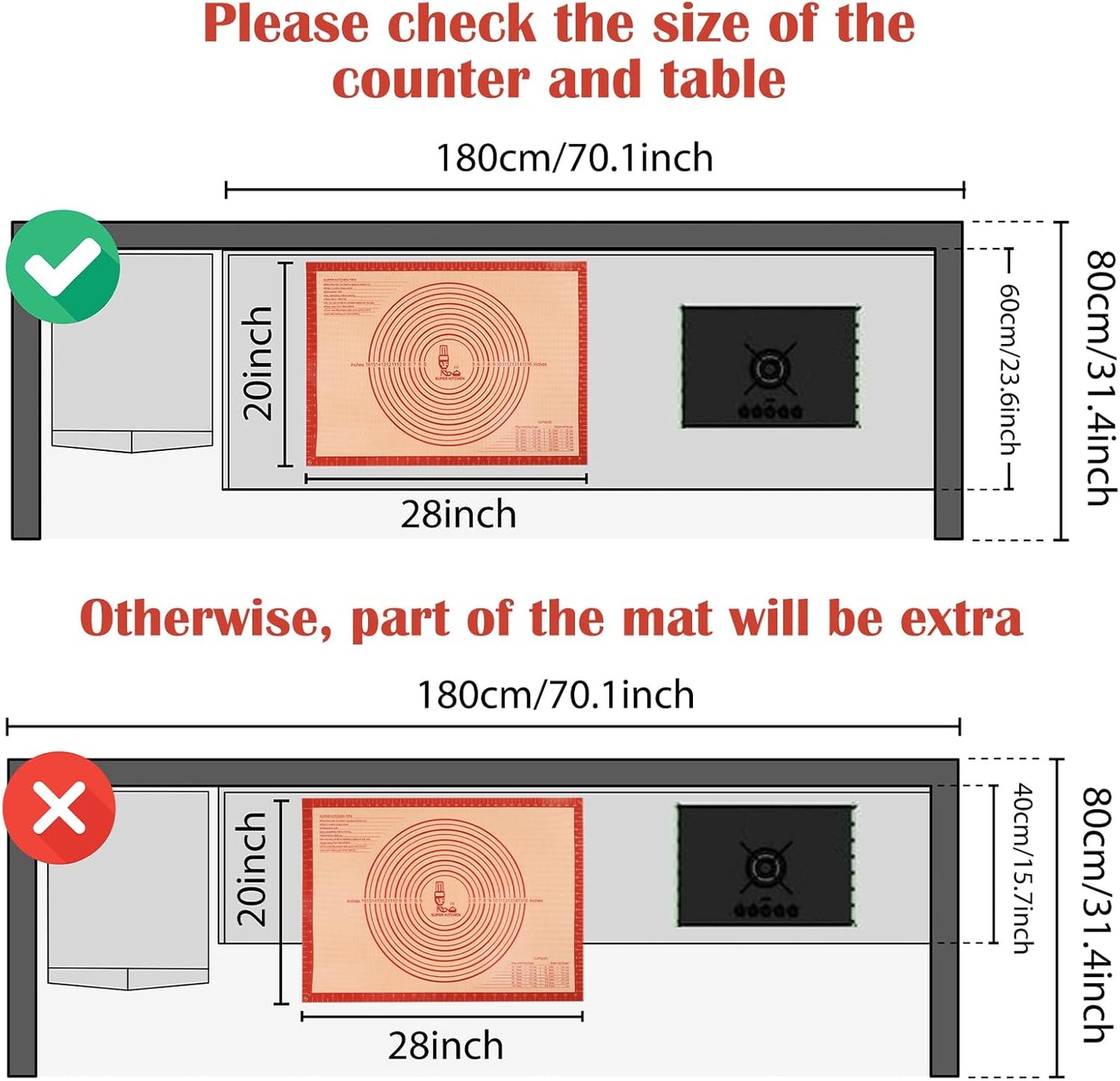 Non-slip Silicone Pastry Mat Extra Large with Measurements 36''By 24'' for Baking Mat, Counter/Dough Rolling/Oven Liner/Fondant/Pie Crust（Red）
