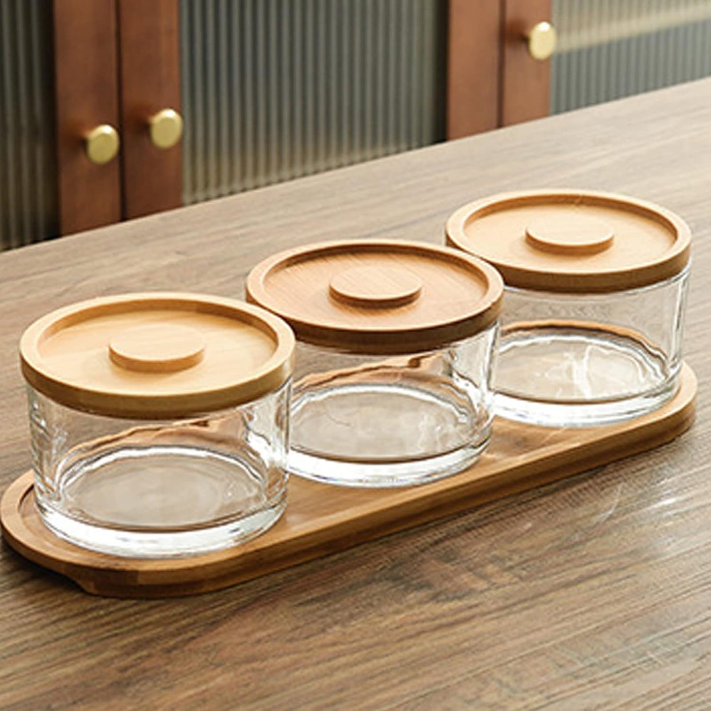 Chip and Dip Serving Set with Bamboo Tray, Snack Candy Fruit Nut Serving Platter, Small Glass Dipping Serving Bowls with Lids for Condiments, Side Dishes, Pre, Dessert, Salsa (3 Slots)