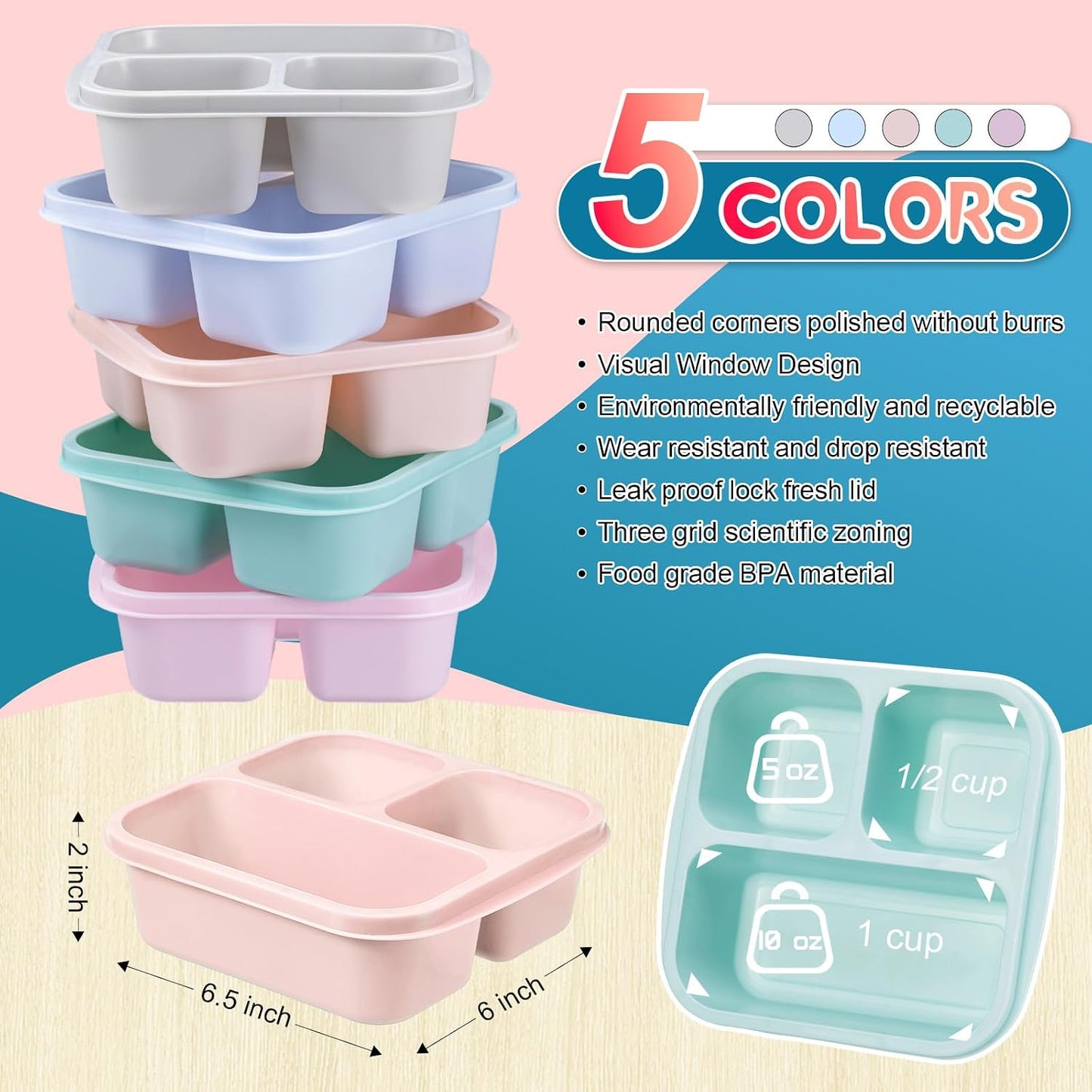 Honeydak 5 Pack Snack Containers 3 Compartment Bento Snack Boxes Divided Meal Prep Containers with Lids Reusable Adults Lunch Food Storage Box for School Work Travel(Elderberry)