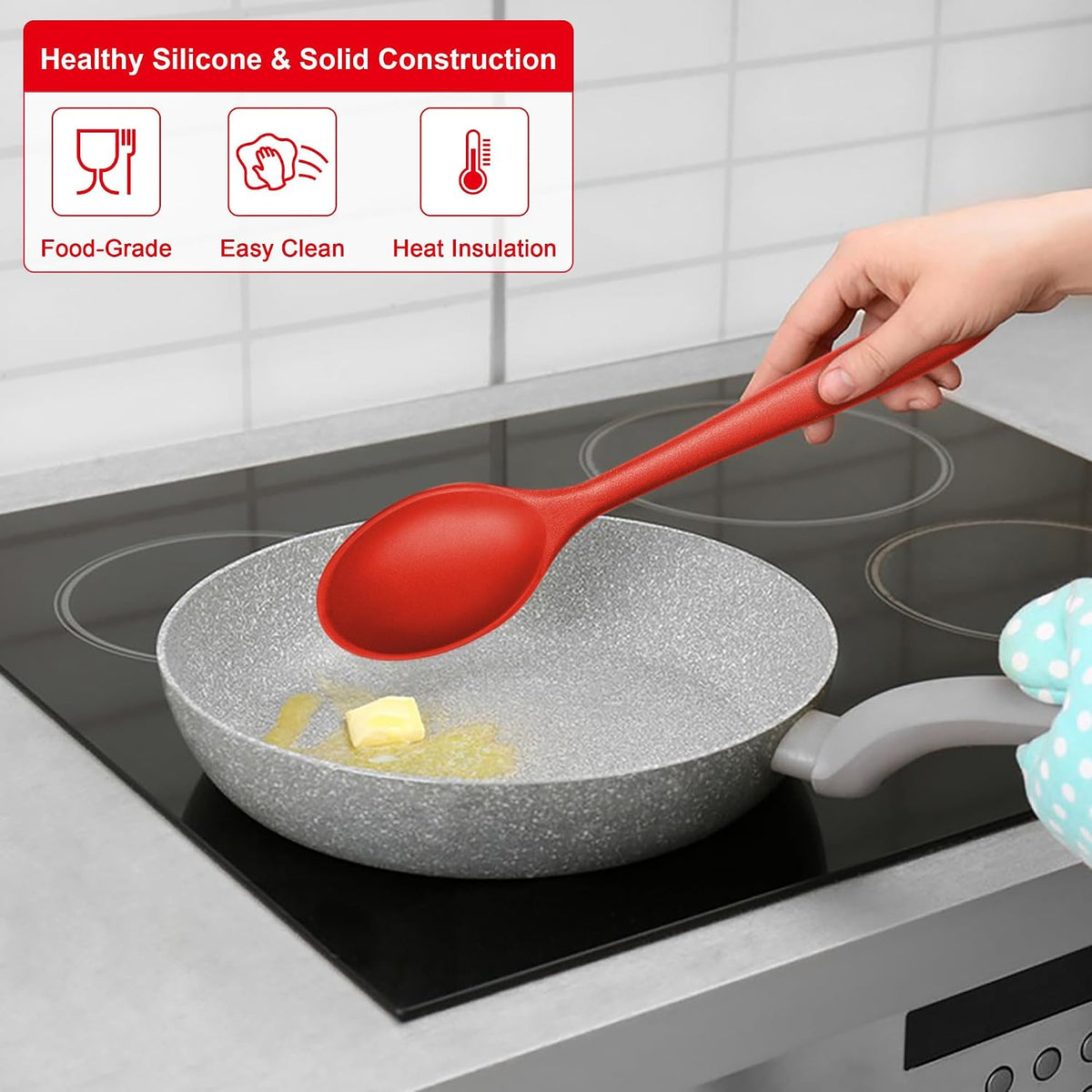 E-far Silicone Cooking Spoon Set of 2, Heat Resistant Kitchen Spoons Utensils Nonstick Mixing Spoon for Baking Stirring Serving, Non-Toxic & Dishwasher Safe (Black)