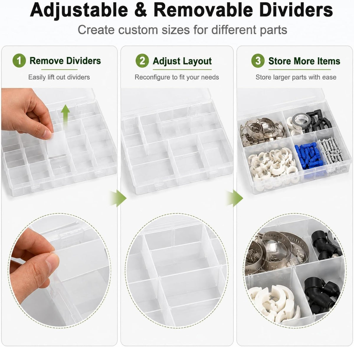 APACALI 6 Pack Plastic Organizer Box with Dividers, 18 Grids Clear Tackle Box Organizer, Adjustable Compartment Storage Boxes for Beads, Jewelry, Crafts, Fishing Lures, Screws and Small Parts