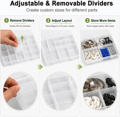APACALI 6 Pack Plastic Organizer Box with Dividers, 18 Grids Clear Tackle Box Organizer, Adjustable Compartment Storage Boxes for Beads, Jewelry, Crafts, Fishing Lures, Screws and Small Parts