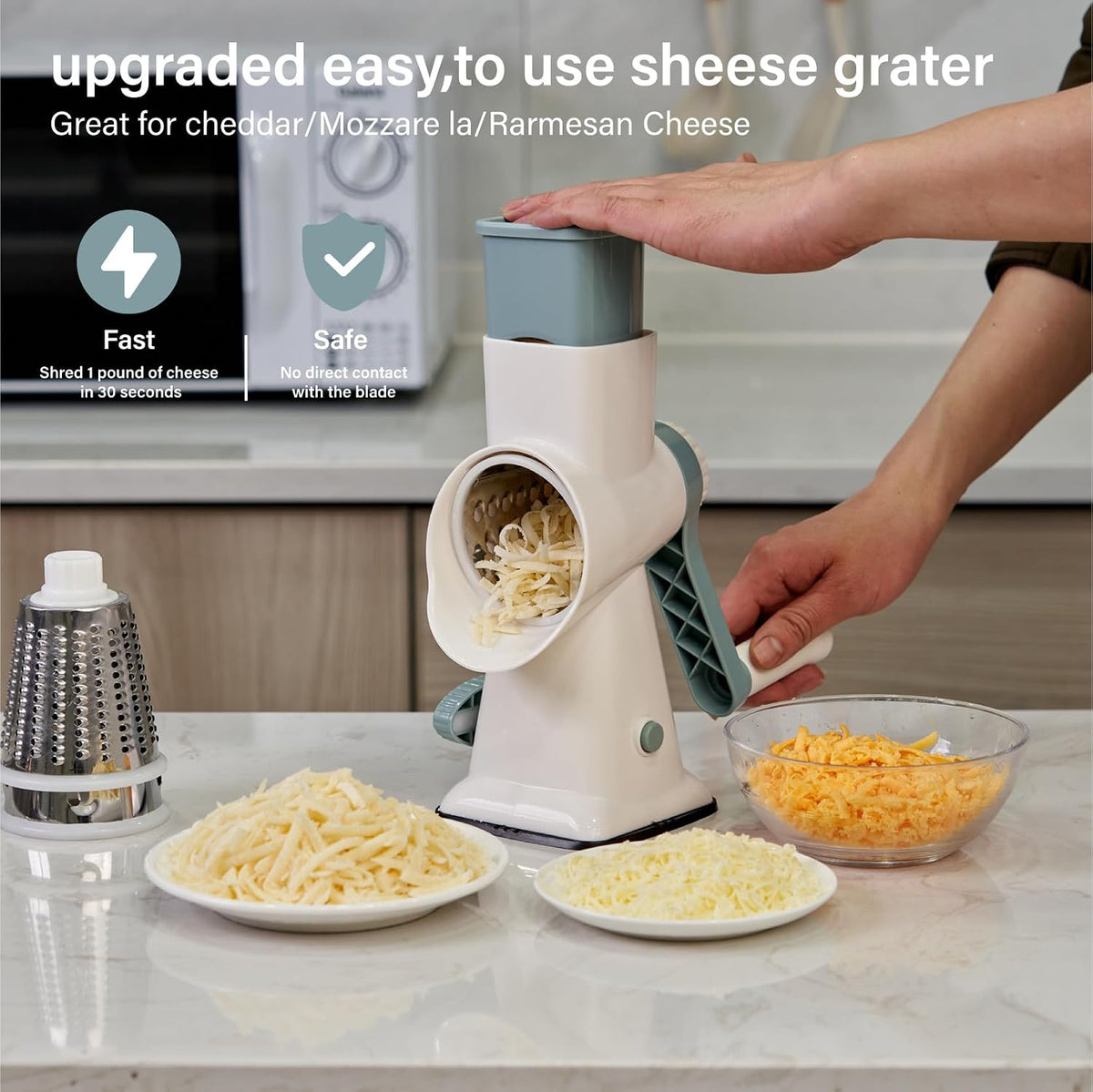 Rotary Cheese Grater hand crank 3 blades with Stronger Suction Base | Stainless Steel Blades for Fruits, Vegetables, Nuts. Dishwasher Safe & Easy to Clean, Transparent Black & Blue