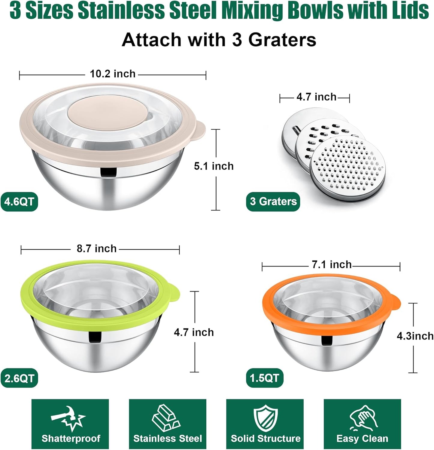E-far Mixing Bowls Set of 5, Stainless Steel Salad Mixing Bowl with Transparent Lid, Metal Nesting Bowl Attach with 3 Graters for Kitchen Prepping/Serving/Baking/Storage, 4.6/2.6/1.5/1/0.7 QT - Black