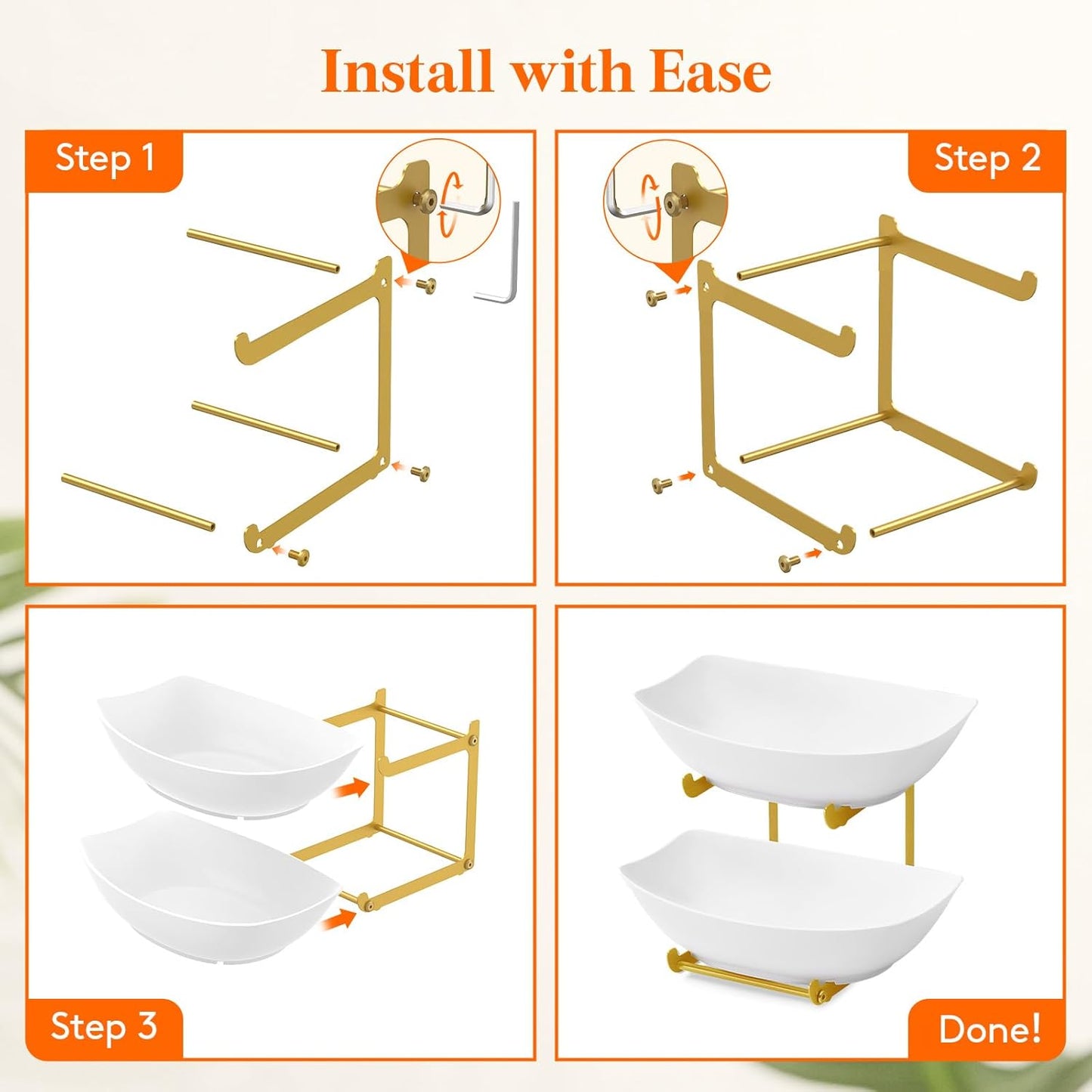 Lifewit Plastic Fruit Bowl for Kitchen Counter, 3 Tier Fruit Basket with Gold Metal Stand, Tiered Fruit Holder for Countertop Serving Tray for Vegetable/Dessert in Party 28 x 21 x 35cm/11 x 8.4 x 14