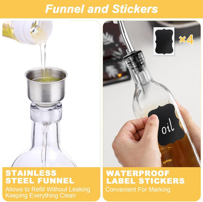 Green Olive Oil Dispenser Bottle - 17oz/500ml Glass Oil and Vinegar Bottles Set for Kitchen, Oil Dispenser with 2 Stainless Steel Pourers, Funnel and Brush
