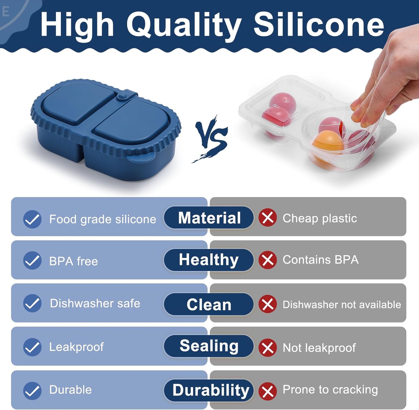 Silicone Reusable Snack Containers with Lids, 4 Pack 3 Compartment Bento Snack Boxes, Leakproof Food Storage Containers for Meal Prep, Lunch, Fruits, Kids & Adults, Dishwasher Safe