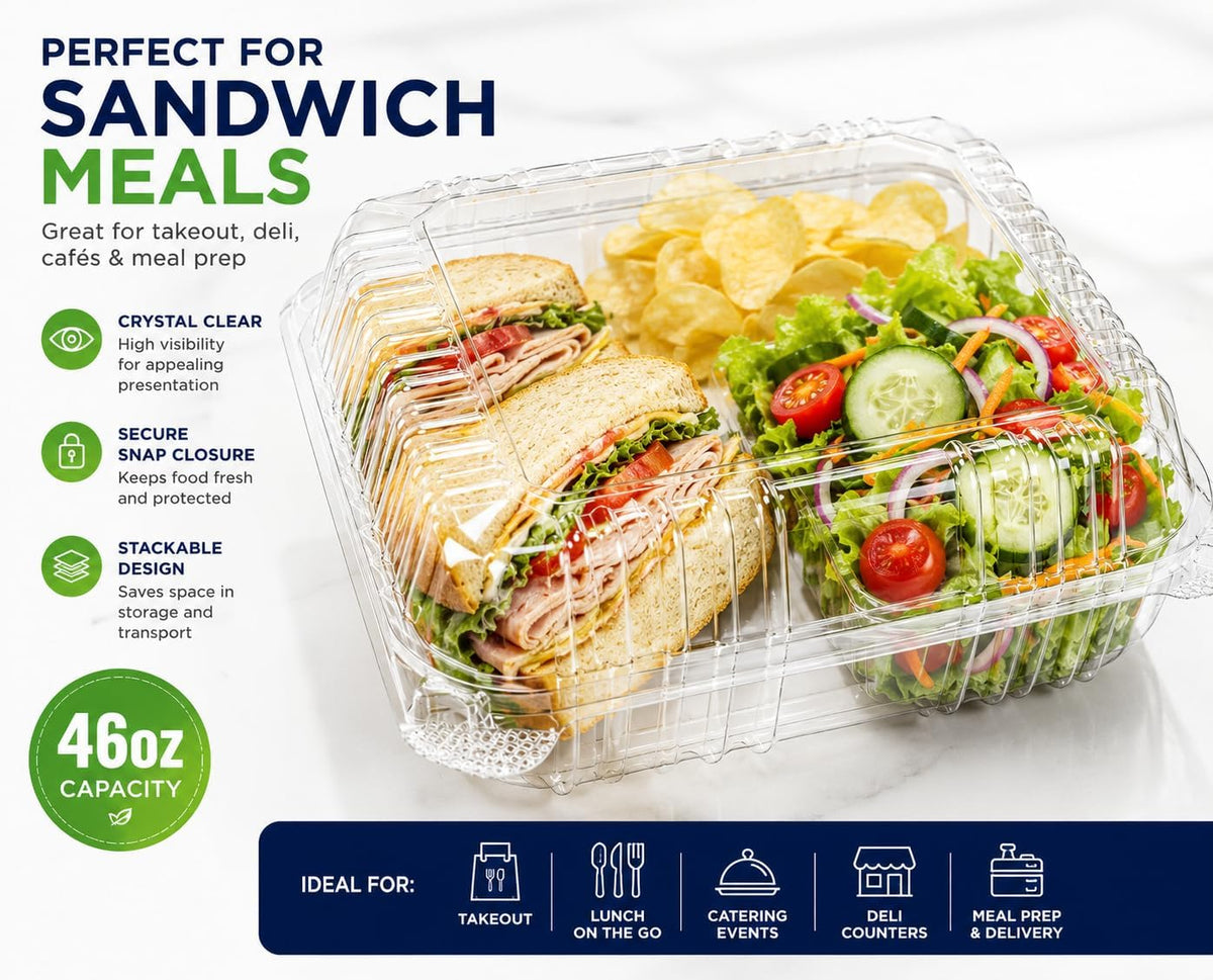 3 Compartment Food Containers with Lids, 25 Pack, 38 Oz Take Out Containers, Reusable Meal Prep Containers, Microwave Safe Lunch Boxes, Food Storage Containers for Catering, Restaurant & To Go Meals