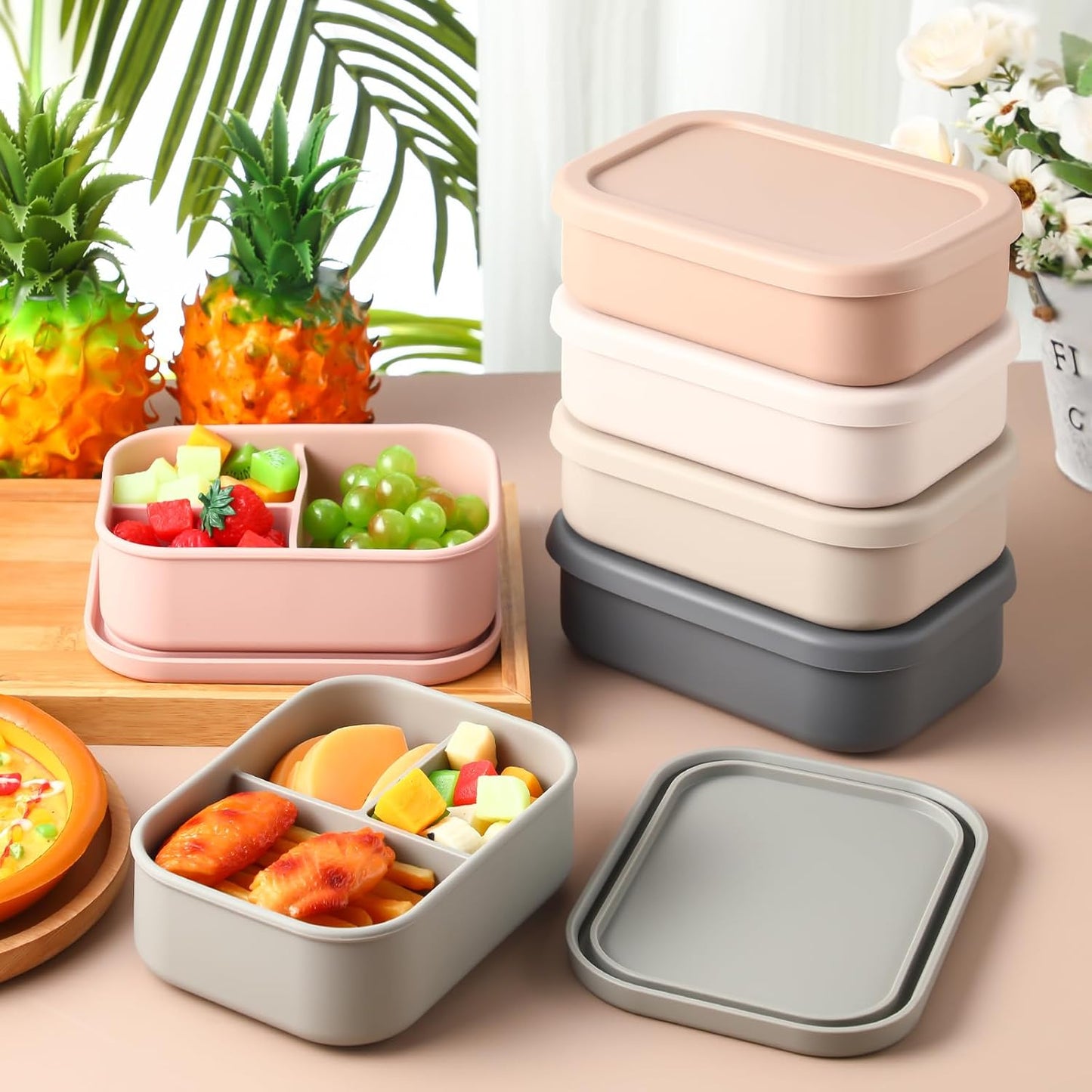 Honeydak 6 Pcs Silicone Bento Box Reusable Silicone Bento Lunch Container for Adults Microwave Dishwasher Freezer Safe 3 Compartment (Light Colors)