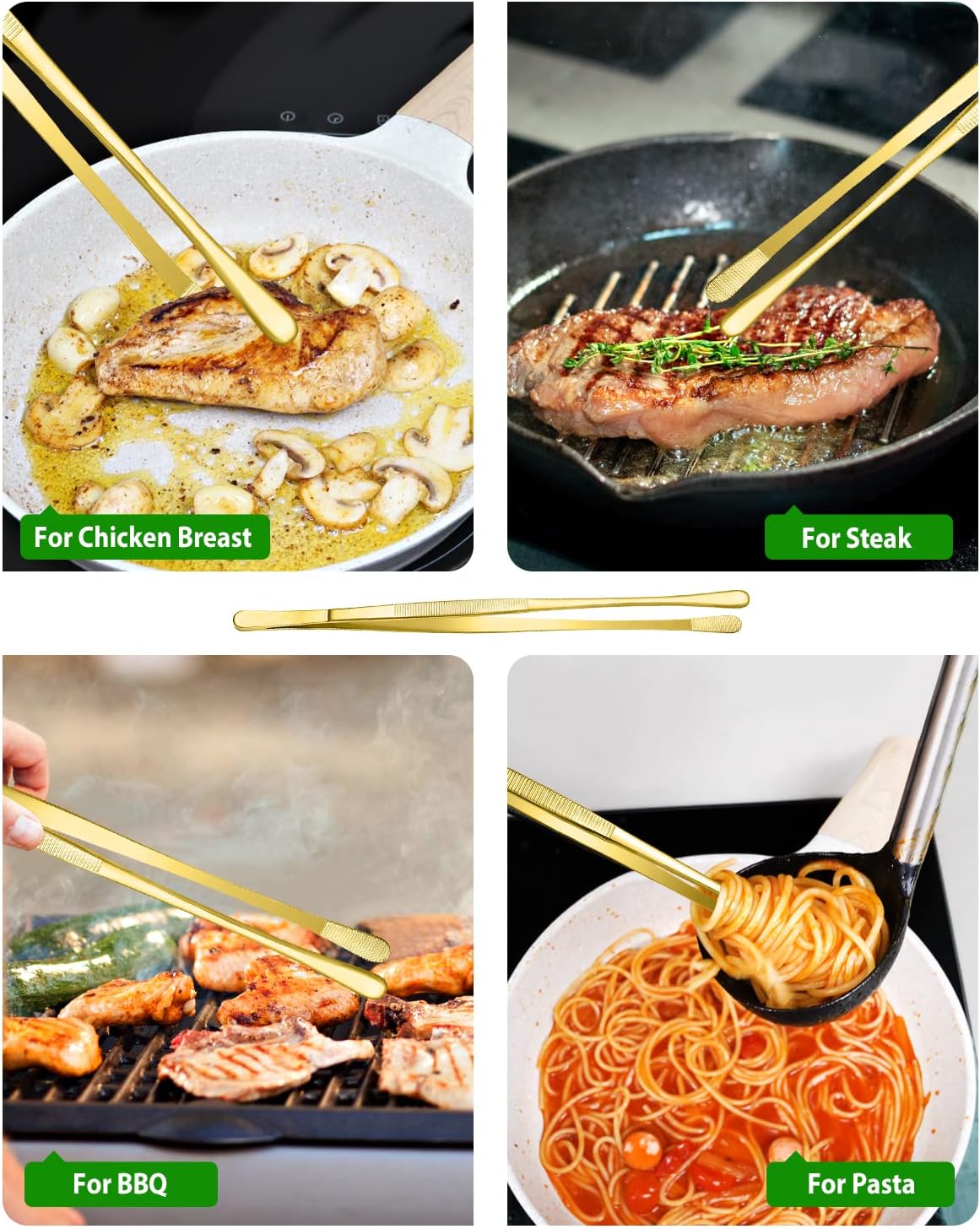 4 Pcs Fine Long Tweezer Tongs Professional Black, 12'' and 10'' Stainless Steel for Kitchen, Food, Cooking, Repairing, Sea food and BBQ