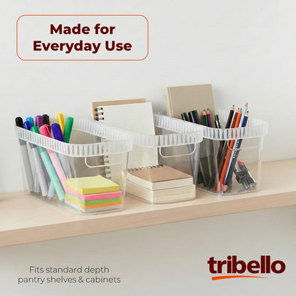 Tribello Narrow Storage Bins – Slim, Clear Plastic Storage Basket, Clear Organizer for Tight Spaces (2 Pack, 15” x 6” x 6”)