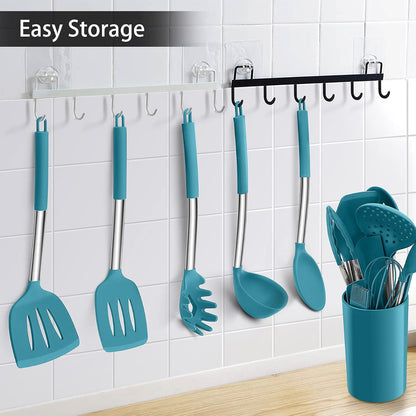 LIANYU 15 Pcs Kitchen Cooking Utensils Set with Holder, Silicone Kitchen Tools with Stainless Steel Handle, Heat Resistant Gadgets, Brush Spatula Spoon Whisk for Cookware, Dishwasher Safe, Khaki