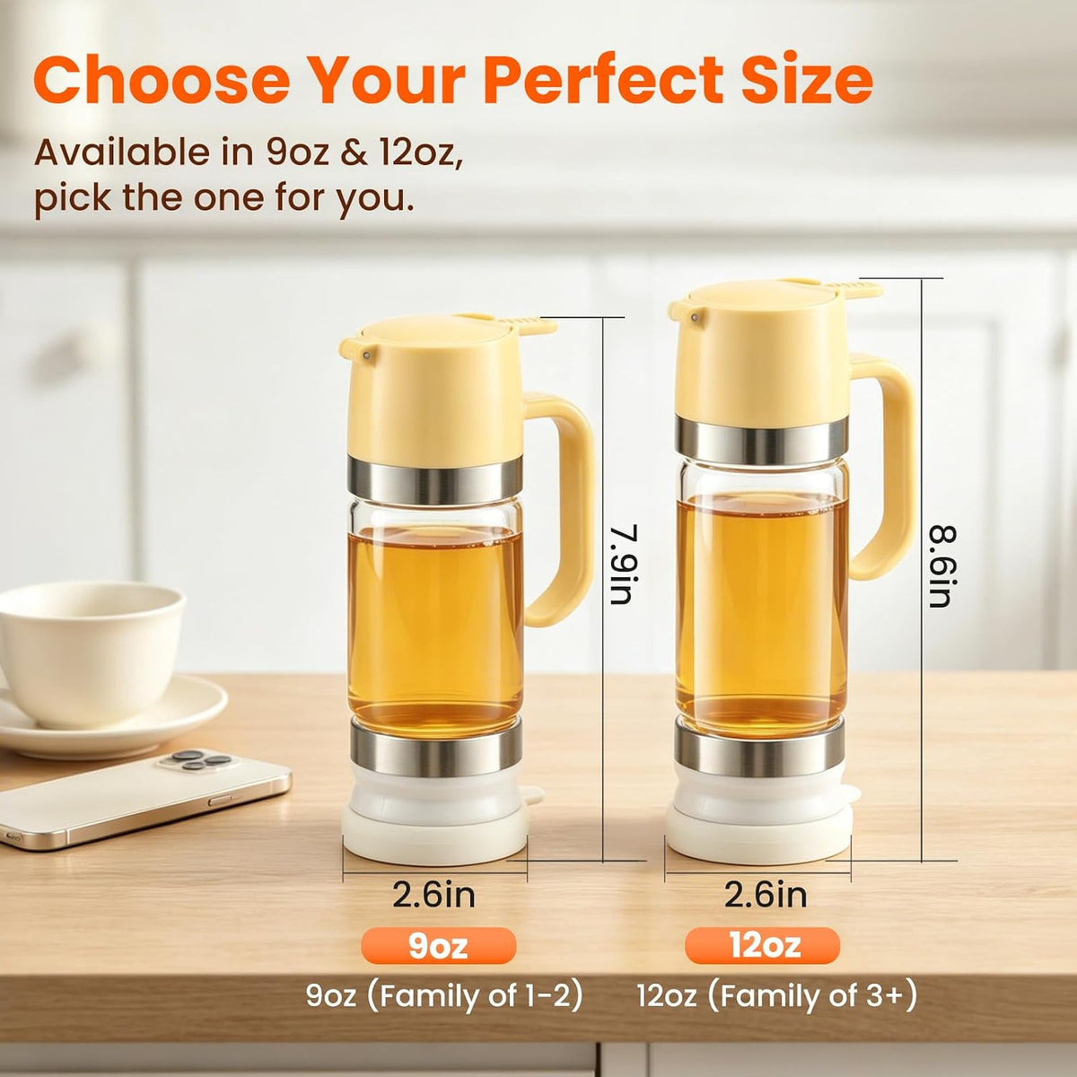 Glass Honey Dispenser Push-Button with Handle (Yellow), No Drip Glass Jar, Leak-Proof Bottom: One-Handed Press to Serve Honey or Syrup onto Coffee, Tea, Pancakes & Desserts (Yellow, 9, ounces)