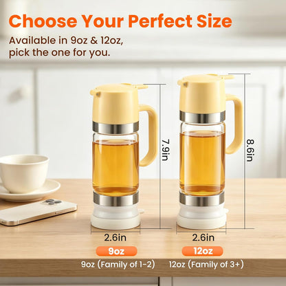 Glass Honey Dispenser Push-Button with Handle (Yellow), No Drip Glass Jar, Leak-Proof Bottom: One-Handed Press to Serve Honey or Syrup onto Coffee, Tea, Pancakes & Desserts (Yellow, 9, ounces)
