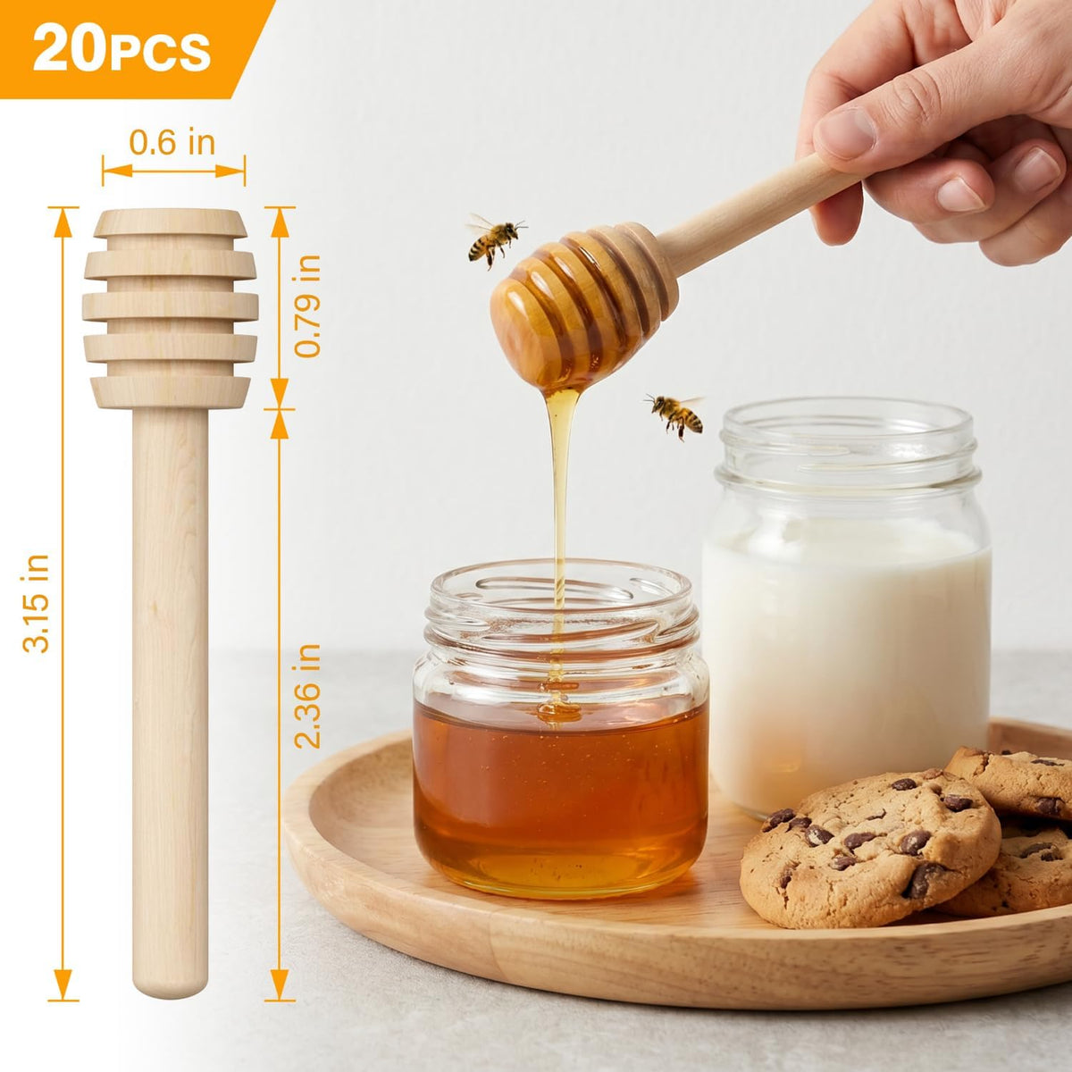 20PCS Honey Dipper Sticks, 3.15 Inch Wooden Honey Dippers, Mini Honeycomb Stirrer for Jars, Tea, Syrup, Wedding Favors