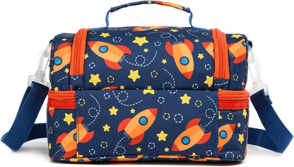 Insulated Kids Dual Compartment Lunch Bags Tote Pack for Girls Boys Toddler Kindergarten School Picnic Cooler Thermal Lunch Boxes with Strap (Green Rainbow)