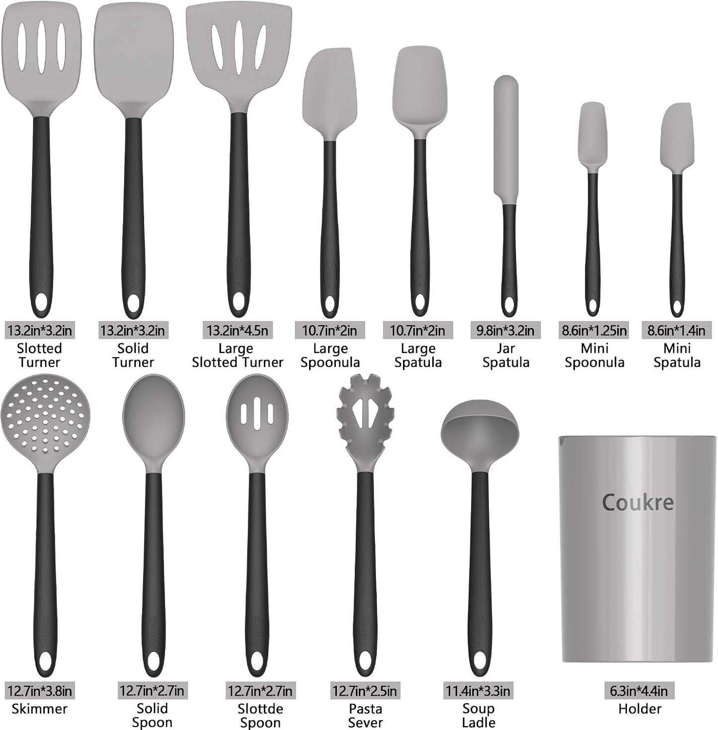 Coukre Silicone Kitchen Cooking Utensils Set with Holder – Heat-Resistant, Food-Grade Kitchen Tools, Spatula, Spoon & Gadgets for Non-Stick Pans, Dishwasher Safe (14, PureBlack)