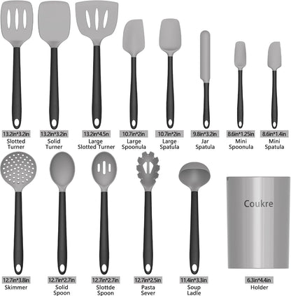 Coukre Silicone Kitchen Cooking Utensils Set with Holder – Heat-Resistant, Food-Grade Kitchen Tools, Spatula, Spoon & Gadgets for Non-Stick Pans, Dishwasher Safe (14, PureBlack)