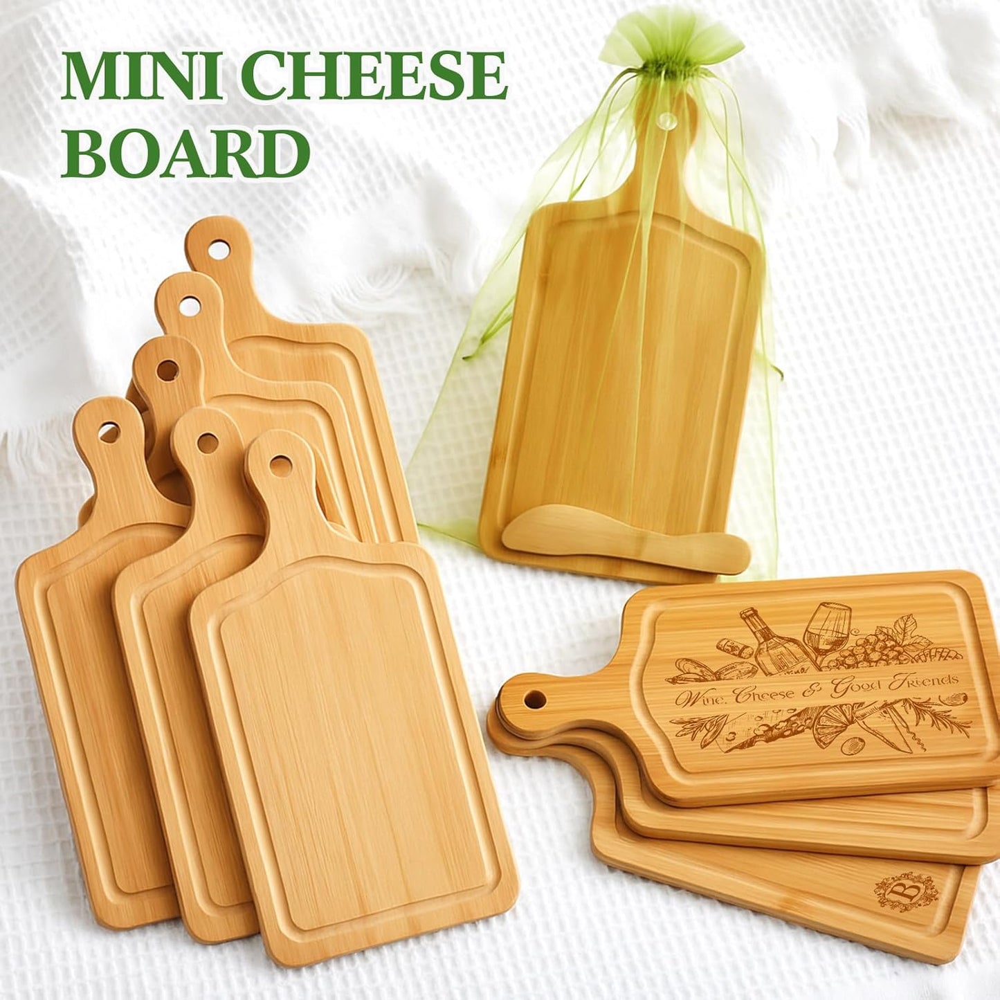 Nuenen 50 Pcs Mini Wooden Charcuterie Board Bulk, Small Wood Cutting Board for Crafts Laser Engraving with Knives Organza Bags Wedding Baby Shower Favors Gift (Square,Bamboo Color)