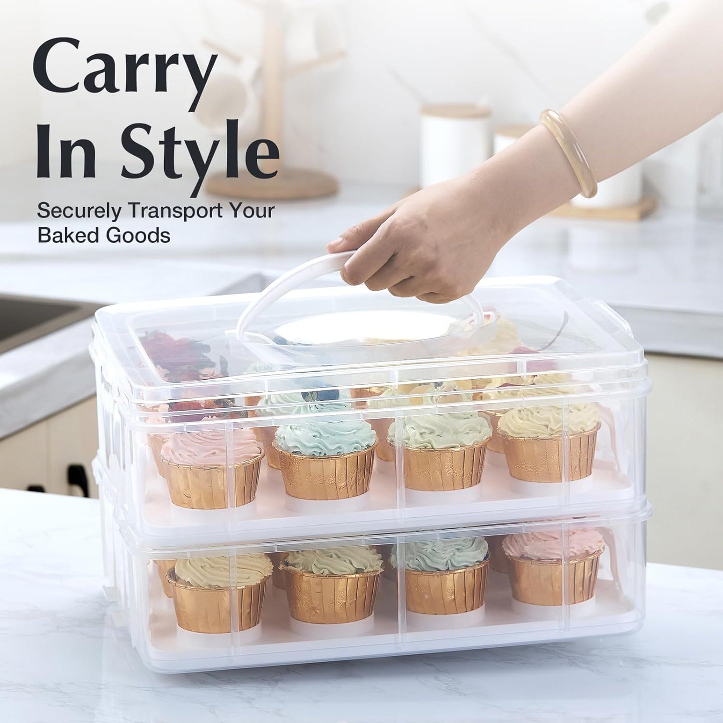 Gencywe Plastic Cupcake Carrier 24 Count, 2-Layer Cupcake Holder Carries with Lid & Handles, Cookie, Cake, Cupcake and Brownie Storage Carrier, Reusable Cupcake Box