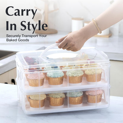 Gencywe Plastic Cupcake Carrier 24 Count, 2-Layer Cupcake Holder Carries with Lid & Handles, Cookie, Cake, Cupcake and Brownie Storage Carrier, Reusable Cupcake Box