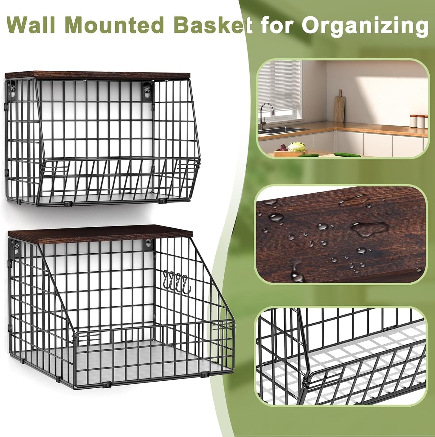 White Fruit Bowl Wire Basket Storage Pantry Fruit and Vegetable Storage Fruit Basket for Kitchen Counter Stackable Wall Mounted Hanging Basket Wire Basket with Wood Lid with Hanger Hooks