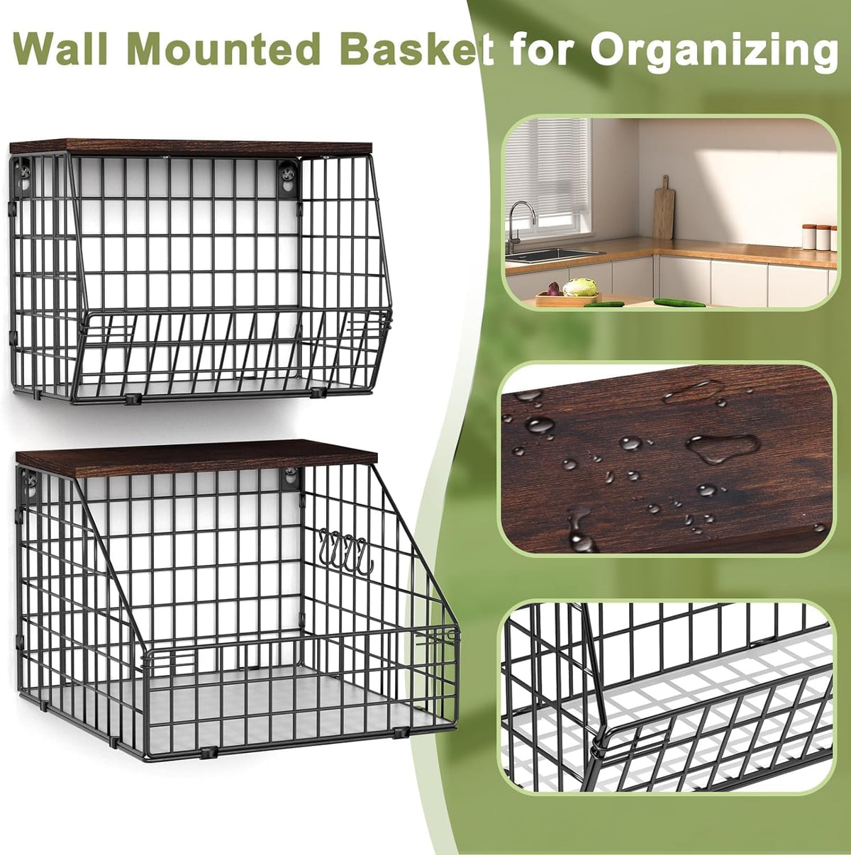 White Fruit Bowl Wire Basket Storage Pantry Fruit and Vegetable Storage Fruit Basket for Kitchen Counter Stackable Wall Mounted Hanging Basket Wire Basket with Wood Lid with Hanger Hooks