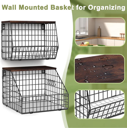 White Fruit Bowl Wire Basket Storage Pantry Fruit and Vegetable Storage Fruit Basket for Kitchen Counter Stackable Wall Mounted Hanging Basket Wire Basket with Wood Lid with Hanger Hooks