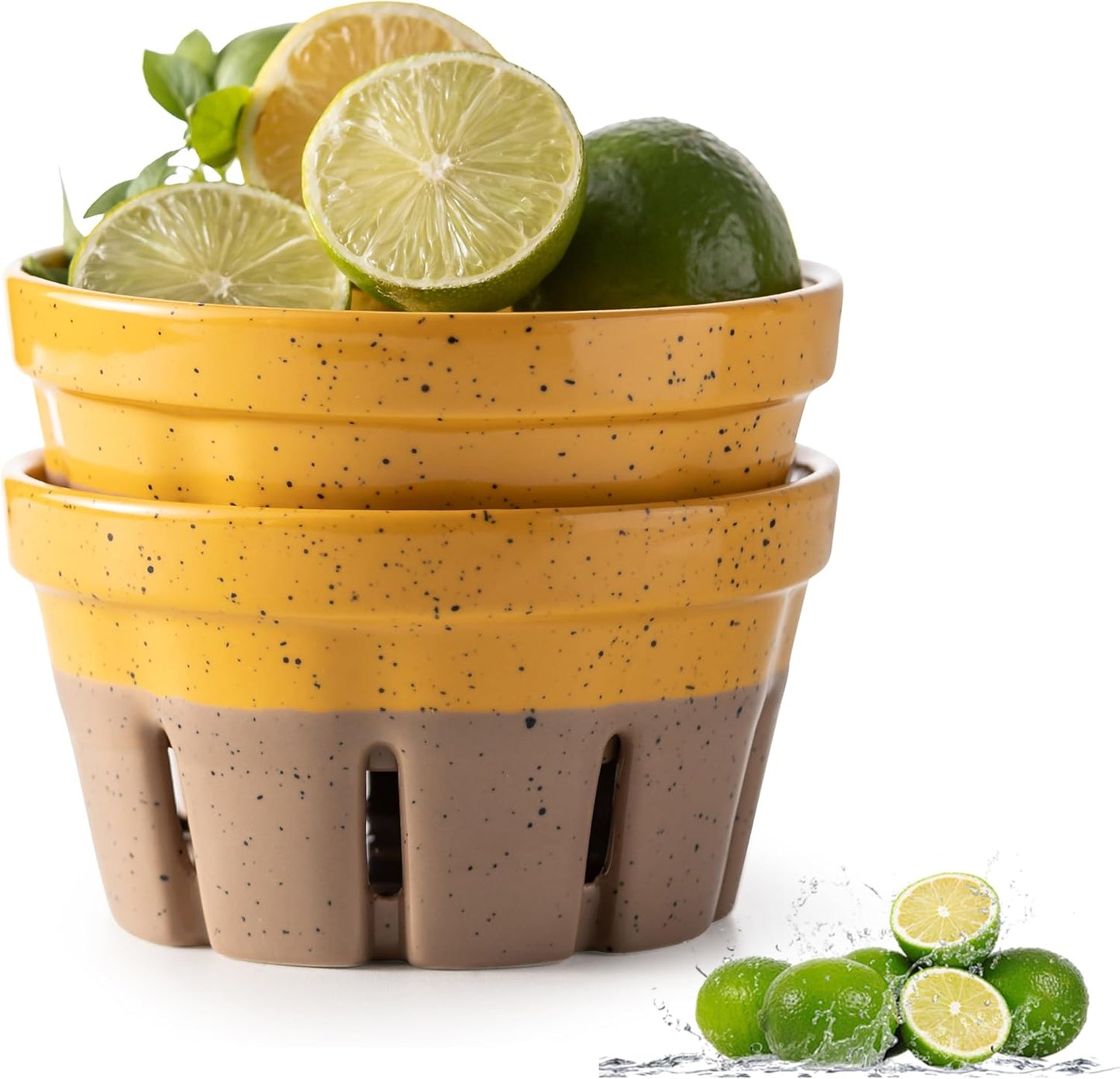 Gomakren Berry Bowls with Holes Ceramic, Berry Washing Bowl Basket Set of 2, 5.8 Inch Round Fruit Bowl Storage Containers, Strawberry Baskets, Farmhouse Kitchen Decor, Yellow + Brown