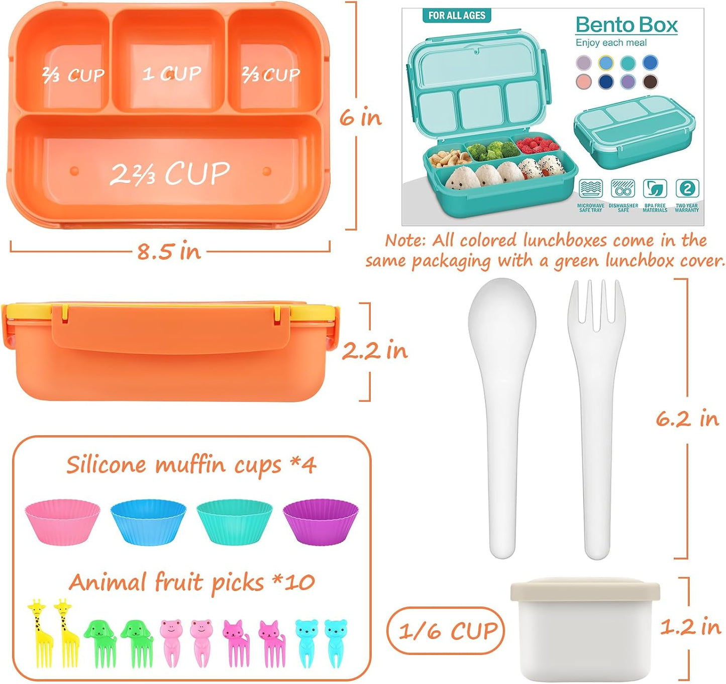QQKO Bento Lunch Box for Kids Girls Boys, Toddler Kids Lunch Boxes for School, Lunch Containers for Adults with 4 Compartments, Sauce Container, Utensils, Food Picks and Muffin Cups, Purple