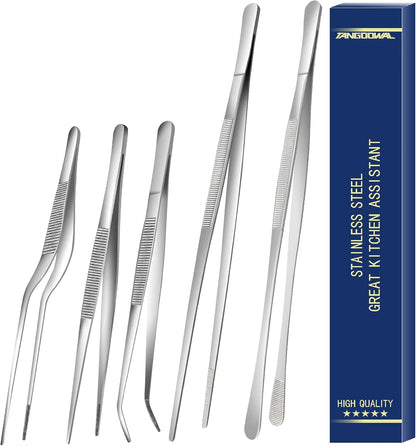 5 Pcs Kitchen Fine Tweezers Tongs, Stainless Steel Food Tongs Set, Professional Kitchen Long Tongs for Cooking,Repairing,Sea food,BBQ,Multi-use(12"and 6.3")