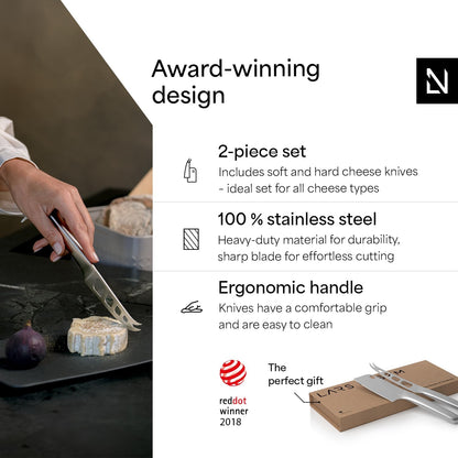 LARS NYSØM Cheese Knife Set Edge 2 pcs. I Cheese Knife Set Made of Stainless Steel I Premium Gift Box I Perfect as Christmas Gift (Carbon Black)