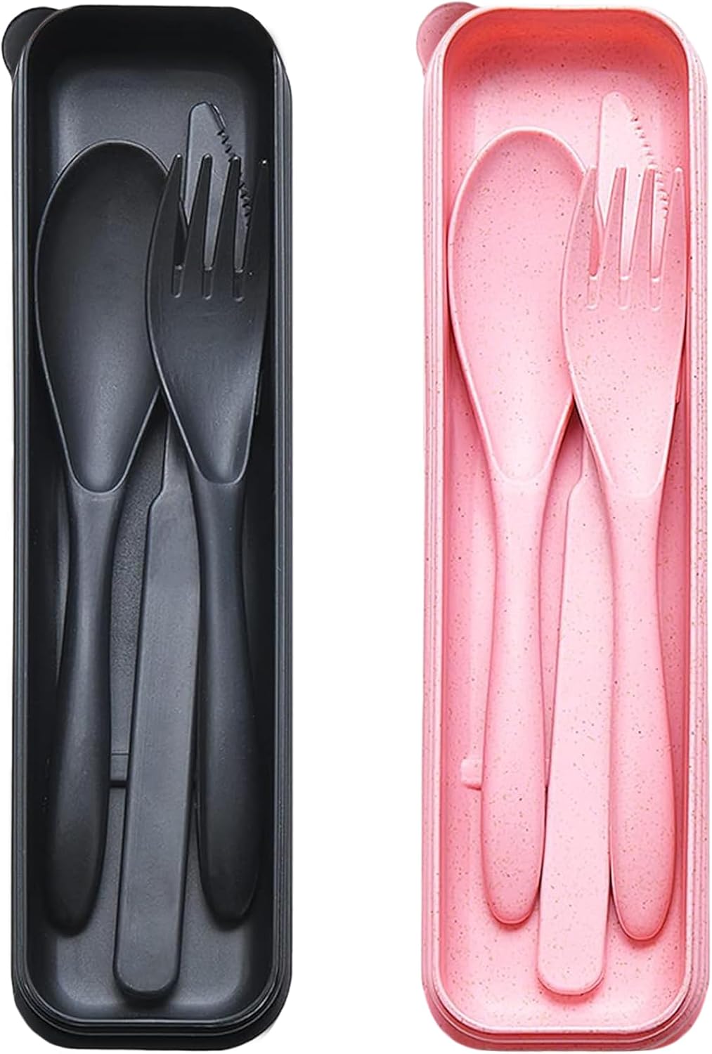 Reusable Travel Utensils Set with Case, 2 Sets Wheat Straw Portable Knife Fork Spoons Camping Cutlery for Lunch Box, Eco-Friendly BPA Free Plastic Tableware for Kids Adults Work Picnic (Purple+Pink)