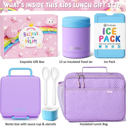 Fimibuke Kids Bento Snack Lunch Box with 4 Compartment, Insulated Lunch Bag, Stainless Steel Vacuum Thermo Food Jar, Ice Pack, Utensils Set, Birthday Gifts for Age 3-12 Back to School Toddler Girl Boy