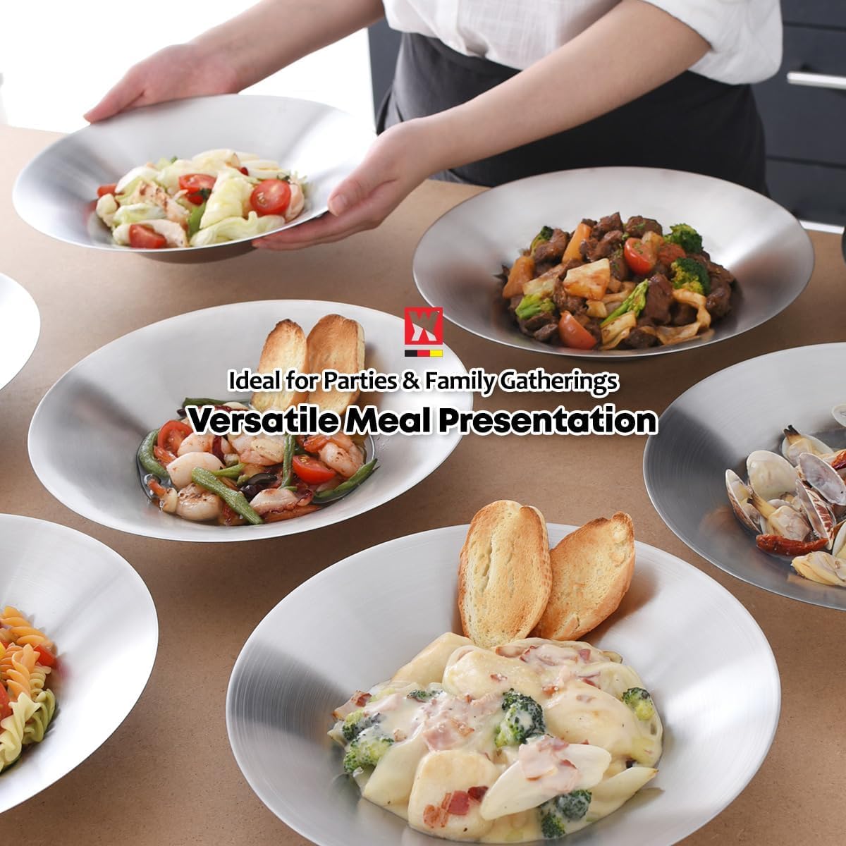 WAGENSTEIGER A Set of 4 Stainless Steel Dinner Plates, Salad Bowls, Spaghetti Serving Platters, Buffet Party Pans, Catering Trays, Classic Brushed Finish, Great for Both Hot & Cold Dishes (4)