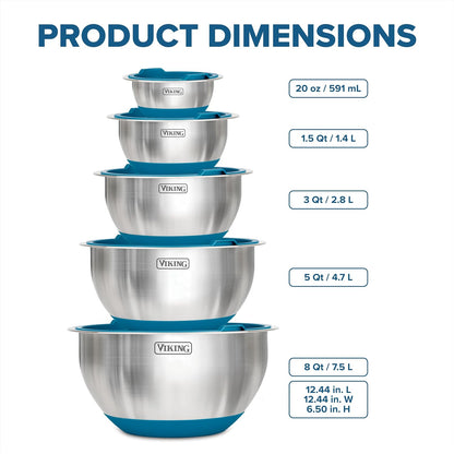 Viking Mixing Bowls Set, 10 Piece Stainless Steel Kitchen Cookware, Non-Slip Silicone Base, Includes Tight Fit Lids, Dishwasher Safe, Grey