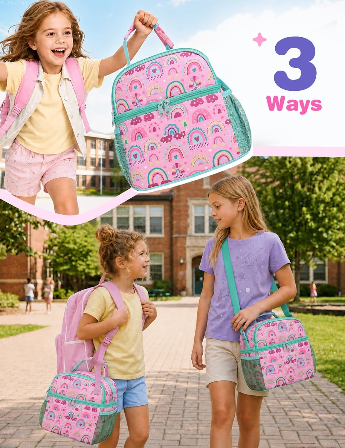 VASCHY Lunch Box Bag for Kids, Insulated Double Compartments Cooler Lunch Tote for Toddlers Boys Girls School/Daycare/Picnic Black Dinos