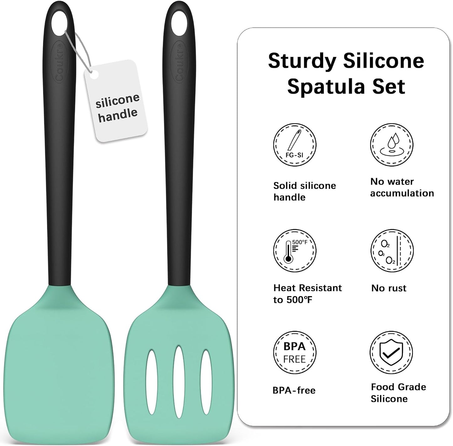 Coukre 2 Pack Silicone Spatula Set, High Heat Resistant, BPA Free Kitchen Spatula, Solid & Slotted Turner for Non-Stick Pans, Sautéing, and Flipping (2, PureBlack)