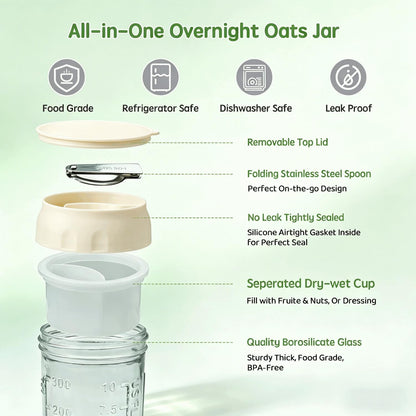 Overnight Oats Containers with Lids and Spoons - 4 Pack 16 oz Glass Mason Jars with Separate Compartments Airtight Overnight Oat Jars Leakproof Yogurt Parfait Cup for Oatmeal Chia Pudding Cereal Salad