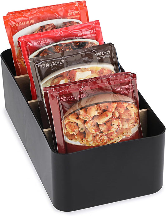 BSTKEY Seasoning Packet Organizer, Food Storage Organizer with Divided 4 Bamboo Wood Compartments, Black Plastic Storage Caddy for Pantry Cabinet, Kitchen Organization Bin for Snacks Spice Packets