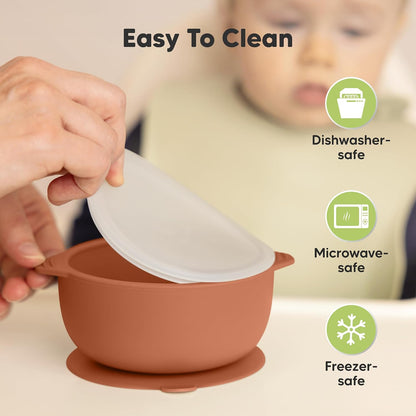 KeaBabies 2-Pack Baby Bowls with Suctions, Lids - Silicone Toddler Suction Bowls for Baby Boy, Girl, Kids, Food Grade Silicone, BPA-Free, Dishwasher Safe, Toddler Eating Essentials (Terracotta)