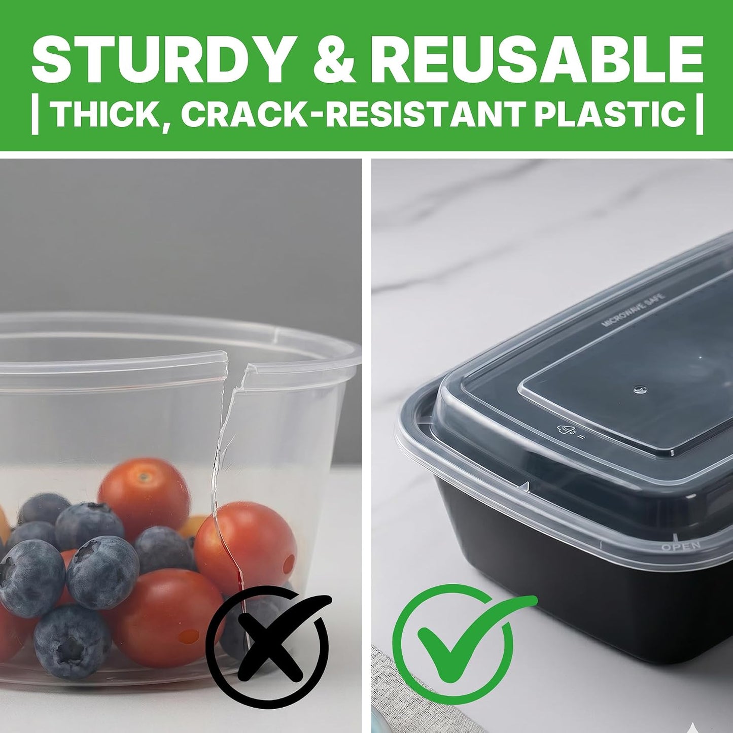 50 Pack (100-Piece) Meal Prep Containers with Lids, Reusable 2-Compartment Food Storage, Sturdy Leakproof, Food Safe, Microwave Freezer Dishwasher Safe, To-Go Takeout Plastic Containers – 60828