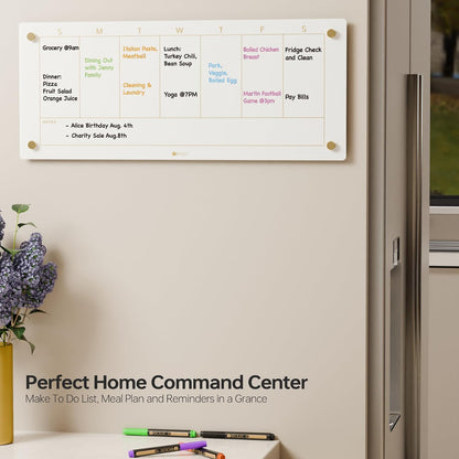 Clear Glass Weekly Dry Erase Calendar & Menu Non-Magnetic Whiteboard for Wall, Meal Plan & Grocery List White Board for Kitchen, 15x11, 7 Days Home Planner, 4 Wet Erase Markers Included, Yeoux
