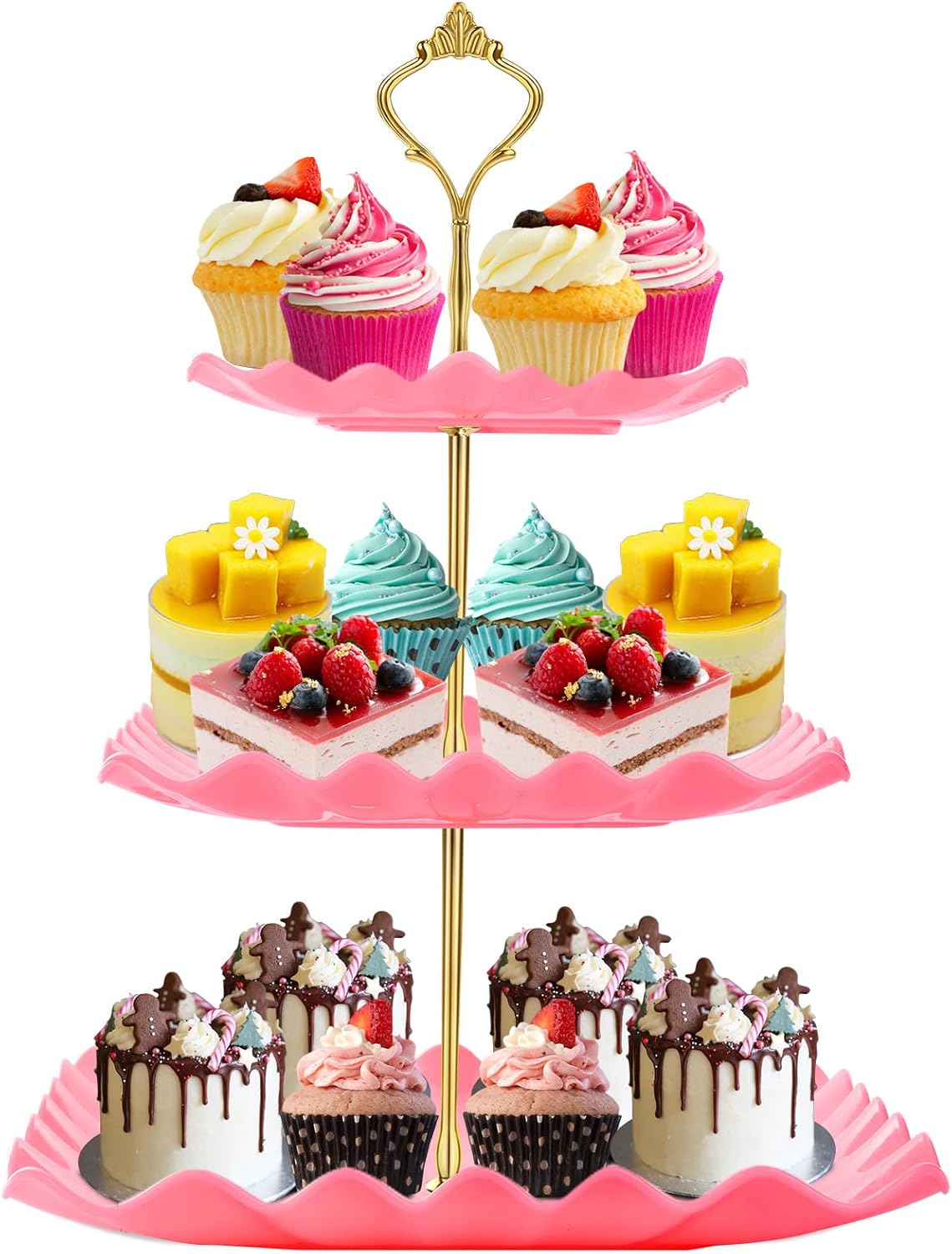 DAFURIET Dessert Cupcake Stand, 3 Tier Cup Cake Holder Tower for Tea Party/Birthday/Wedding, Plastic Tiered Serving Tray with Metal Rod, White