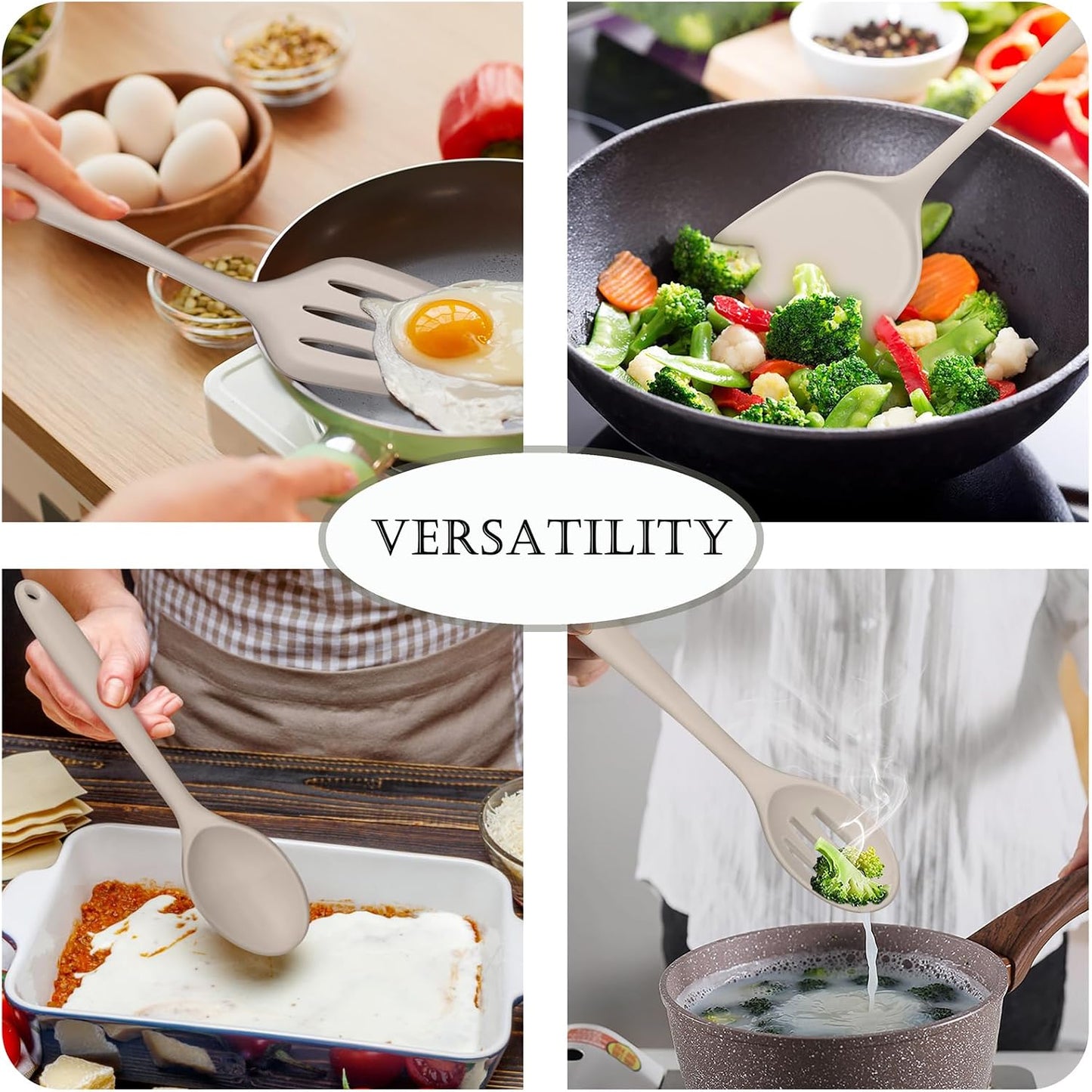 TeamFar Silicone Cooking Utensils, 4pcs Kitchen Utensils Set with Silicone Spatulas & Spoons, Heat-Resistant Solid & Slotted Cooking Spoons Turners for Non-stick Cookware, Dishwasher Safe, Black