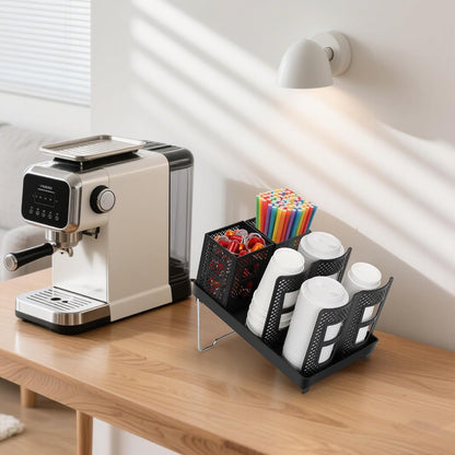 6-Compartment Cup and Lid Holder, Plastic Coffee Cup Holder with Straws Holder, 10-22oz Disposable Paper Cups Organizer for Countertop, Station, Bar,Office, Restaurant, Breakroom