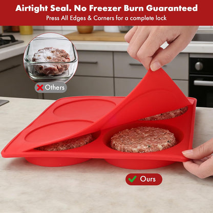 Silicone Burger Patty Maker & Freezer Tray, Grilling Cookware 4-Cavity Mold with Airtight Lid, Make 4 Perfect 4.7-Inch Patties at Once for Easy BBQ Prep & Freezer Storage