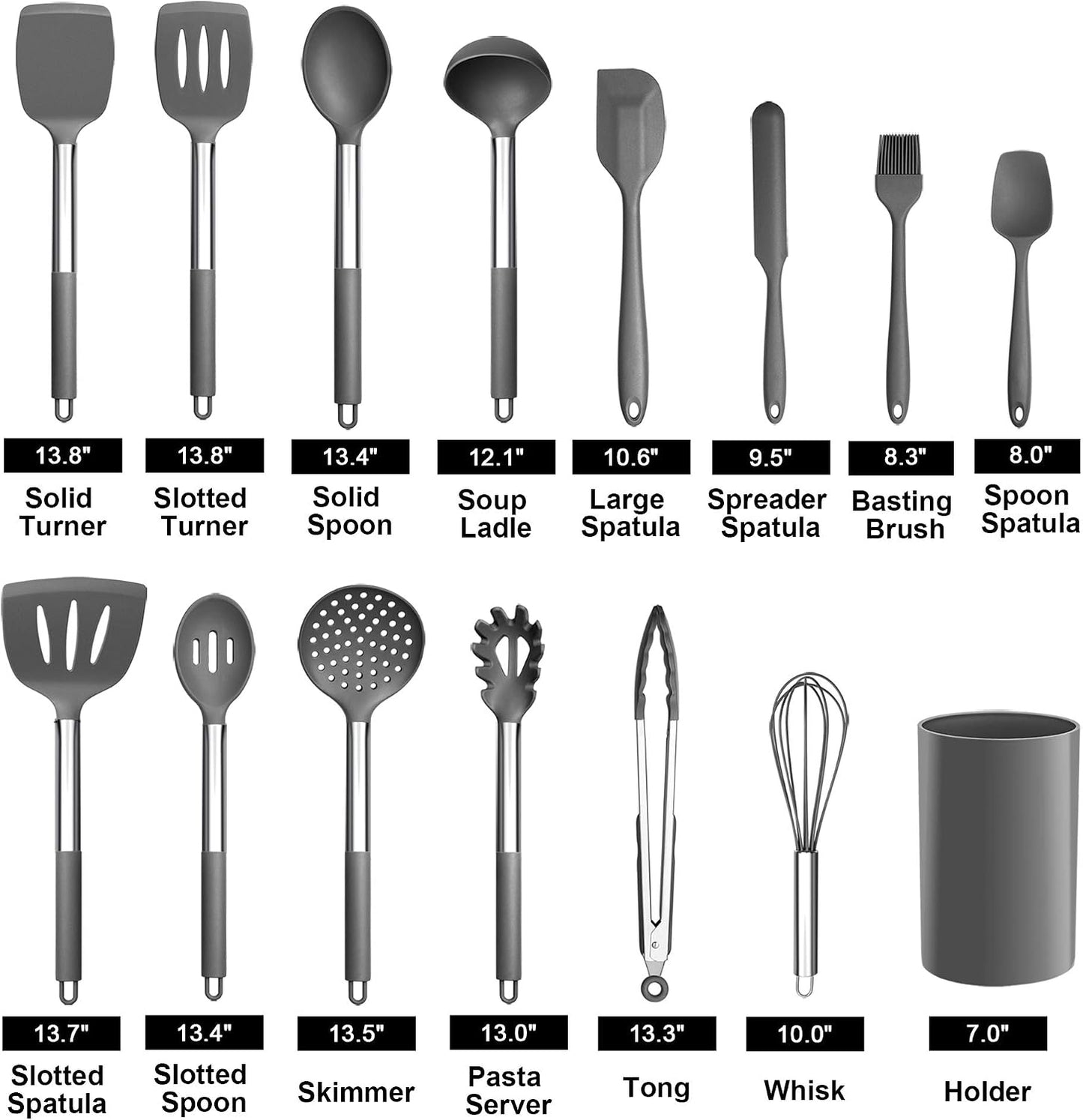 LIANYU 15 Pcs Kitchen Cooking Utensils Set with Holder, Silicone Kitchen Tools with Stainless Steel Handle, Heat Resistant Gadgets, Brush Spatula Spoon Whisk for Cookware, Dishwasher Safe, Khaki