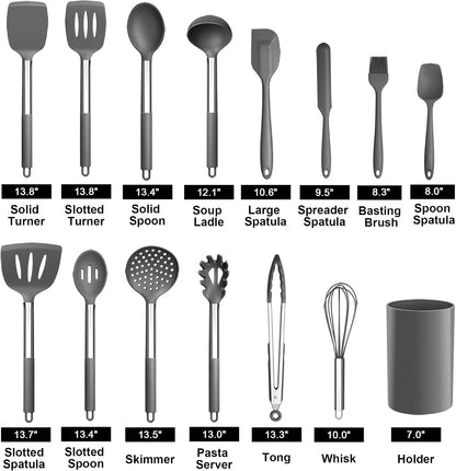 LIANYU 15 Pcs Kitchen Cooking Utensils Set with Holder, Silicone Kitchen Tools with Stainless Steel Handle, Heat Resistant Gadgets, Brush Spatula Spoon Whisk for Cookware, Dishwasher Safe, Khaki