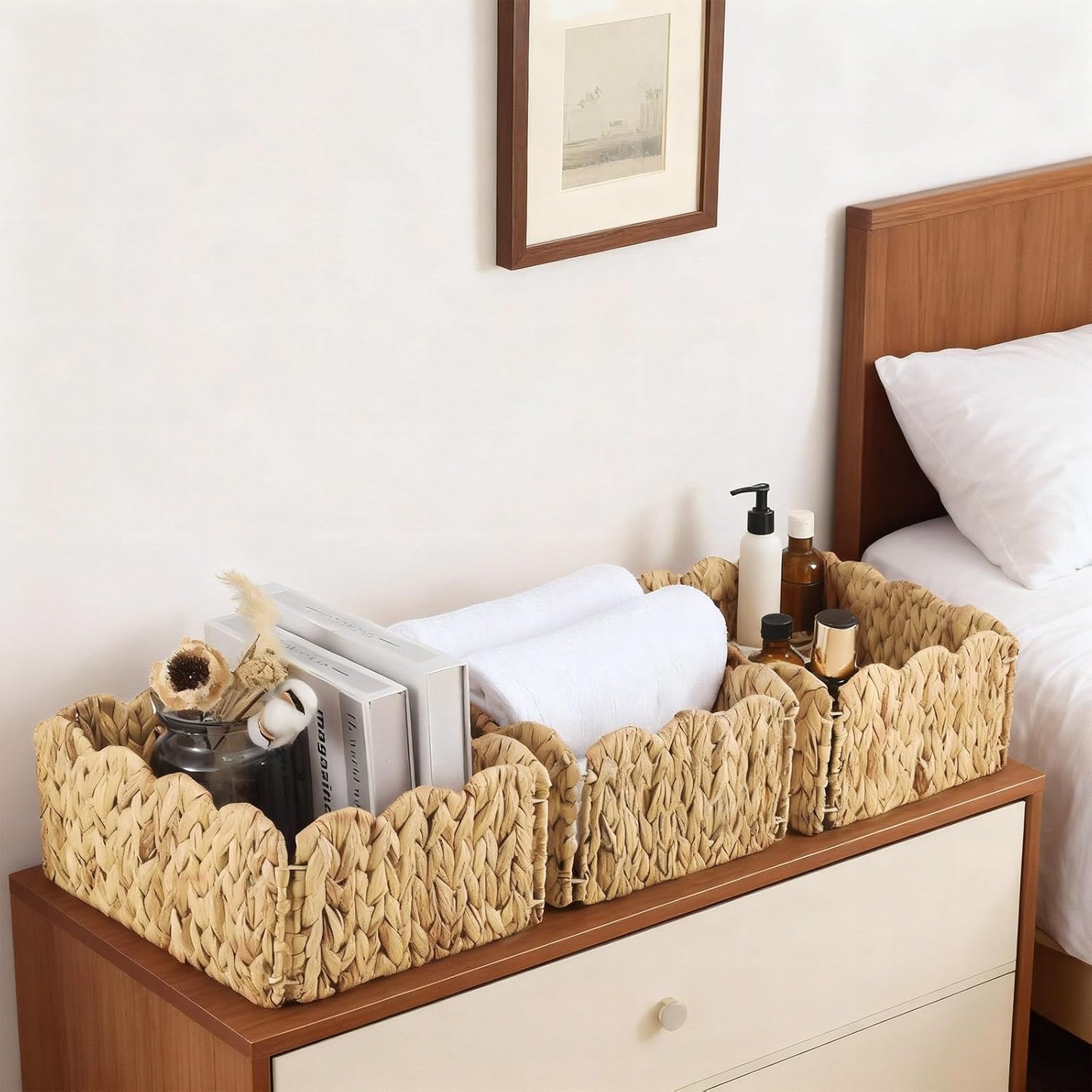 Potchen 6 Pcs 12 x 9 x 5 Inch Scalloped Water Hyacinth Storage Baskets, Rectangular Wicker Storage Baskets for Shelving, Natural Foldable Woven Pantry Organizer for Organizing